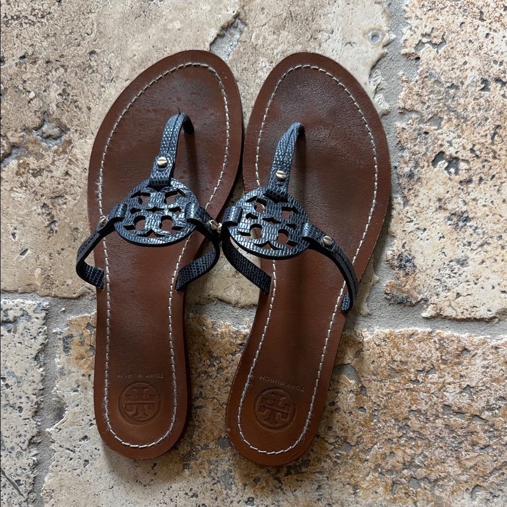Tory Burch Black Textured Flip-Flops